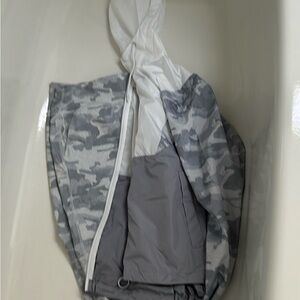 Two-piece gray & white women’s camouflage size L tracksuit.